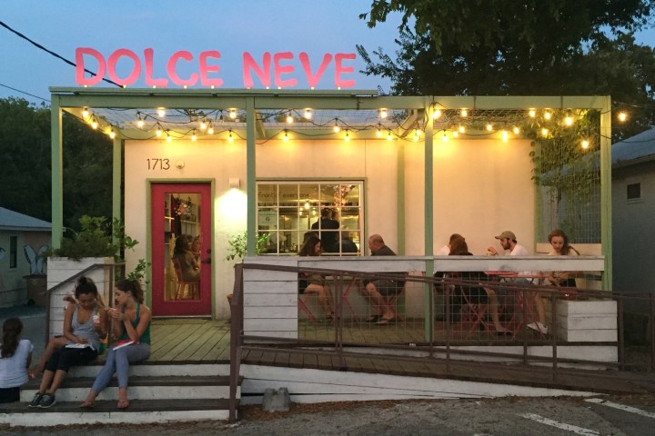 a store front at night